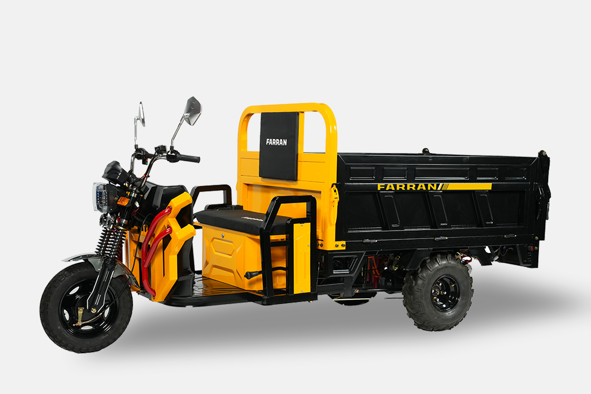 Yellow and black three-wheeled vehicle with a cargo box on a white background
