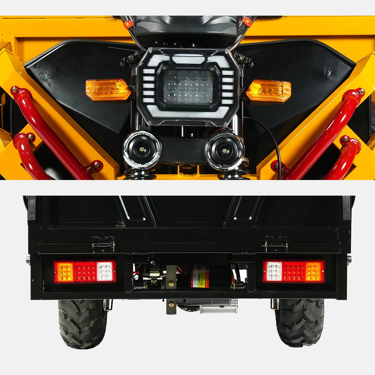 Close-up of a yellow and black vehicle's front and rear lights on a white background.
