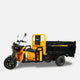 Yellow and black three-wheeled vehicle with a cargo bed on a white background