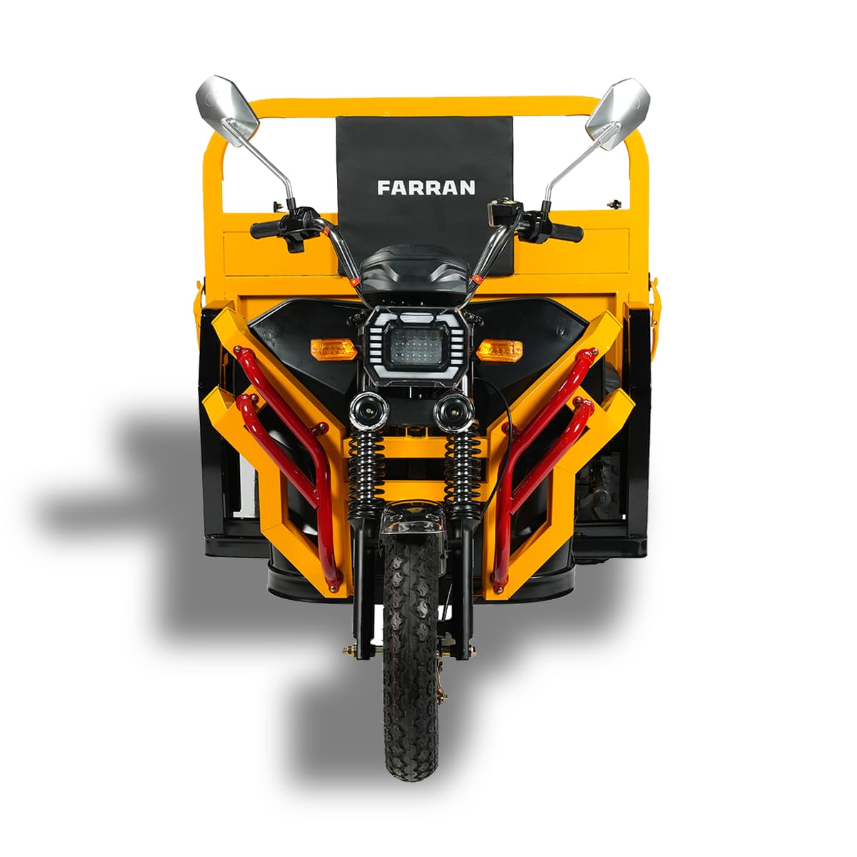 Yellow and black motorcycle with sidecar on a white background, featuring the brand 'Farran'.
