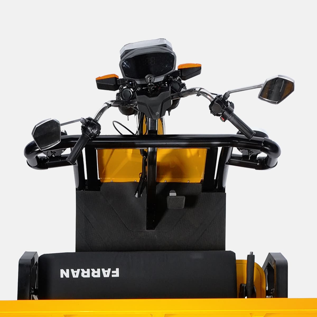 Close-up of a yellow forklift with 'Farran' branding on a white background
