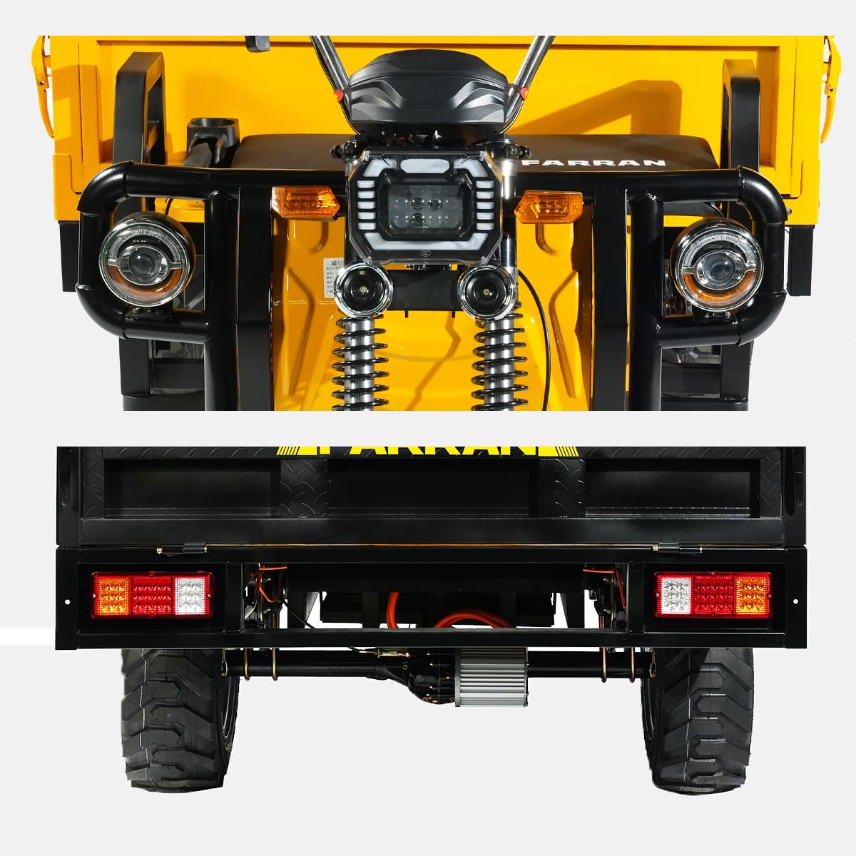 Close-up of a yellow and black off-road vehicle with visible branding on a white background.
