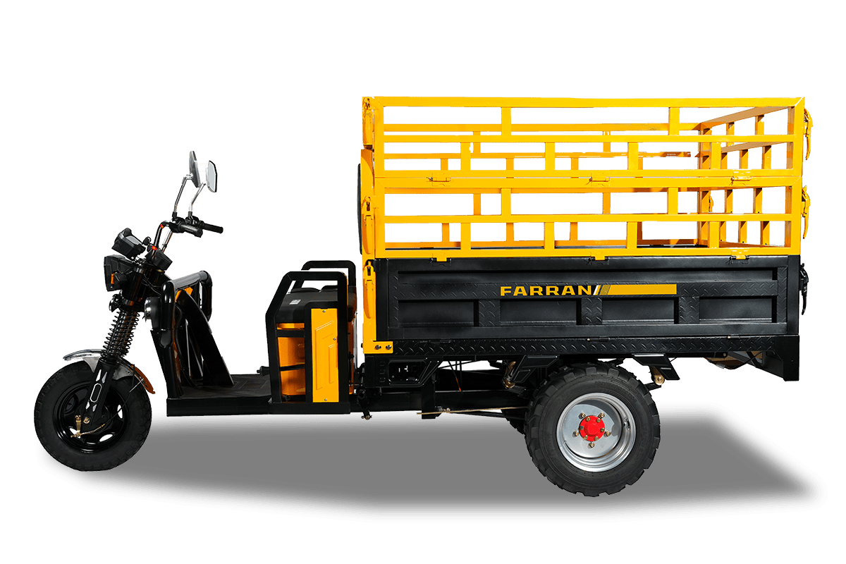 Three-wheeled vehicle with a yellow cargo bed on a black background