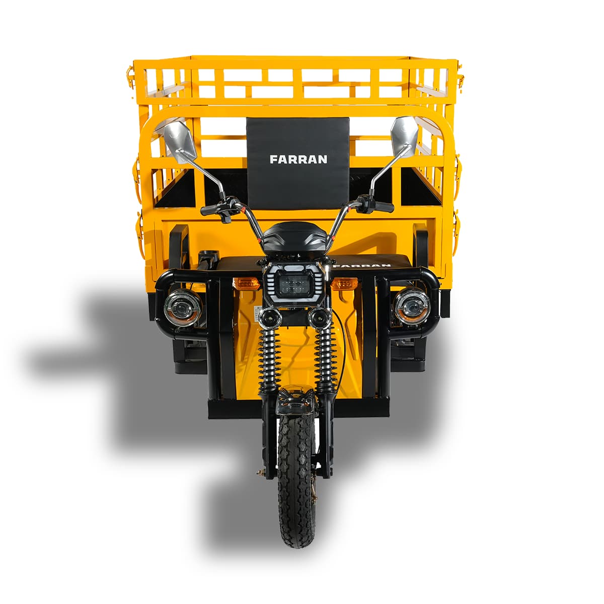 Yellow motorcycle with a cargo box labeled 'FARRAN' on a white background