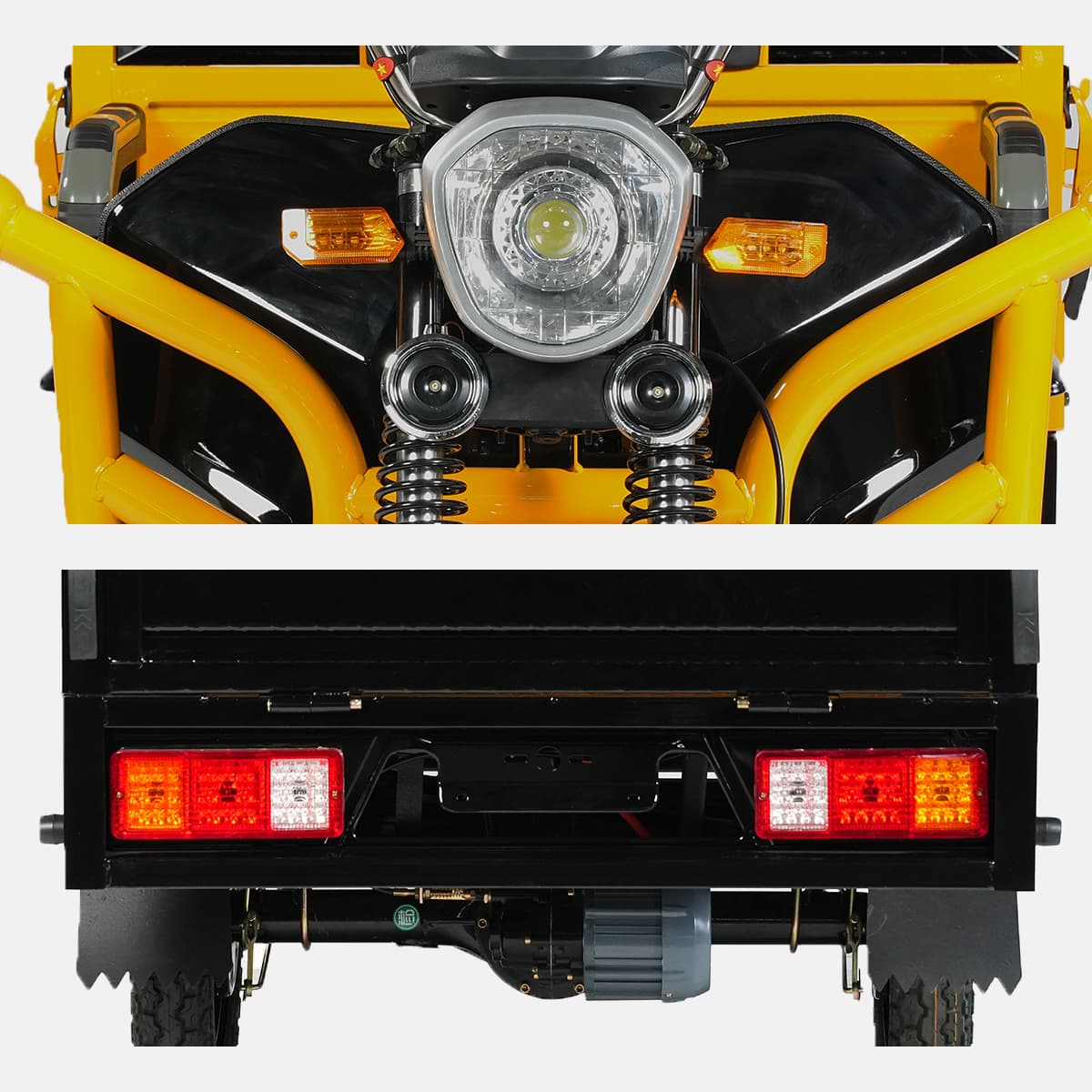 Close-up of a yellow vehicle's front and rear with headlights and taillights.