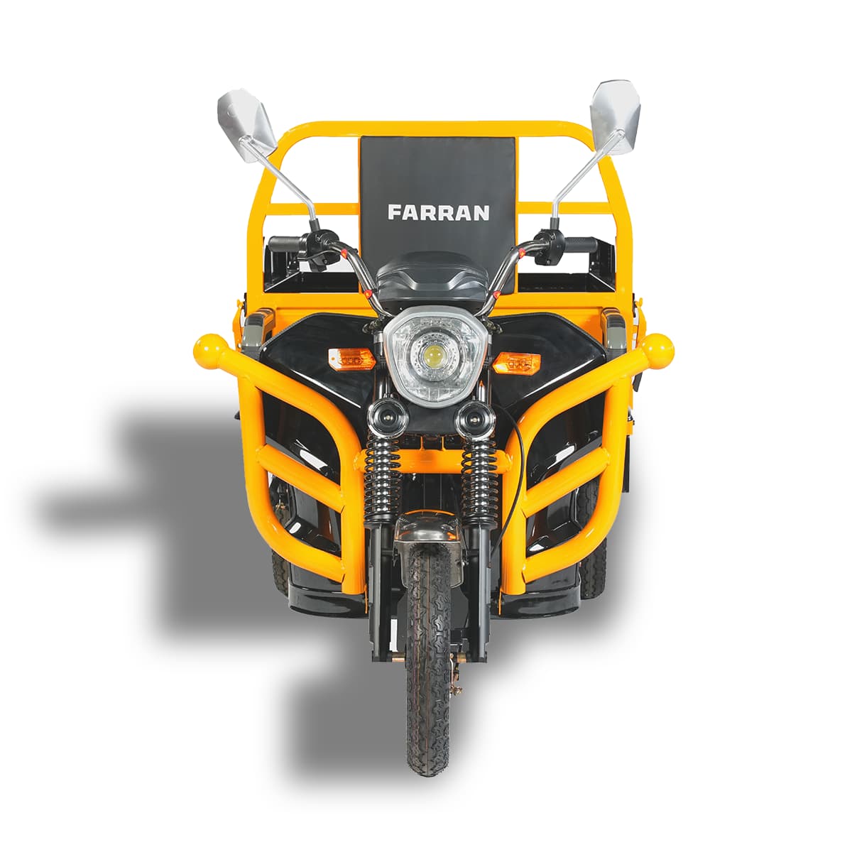 Yellow motorcycle with 'Farran' branding on a white background