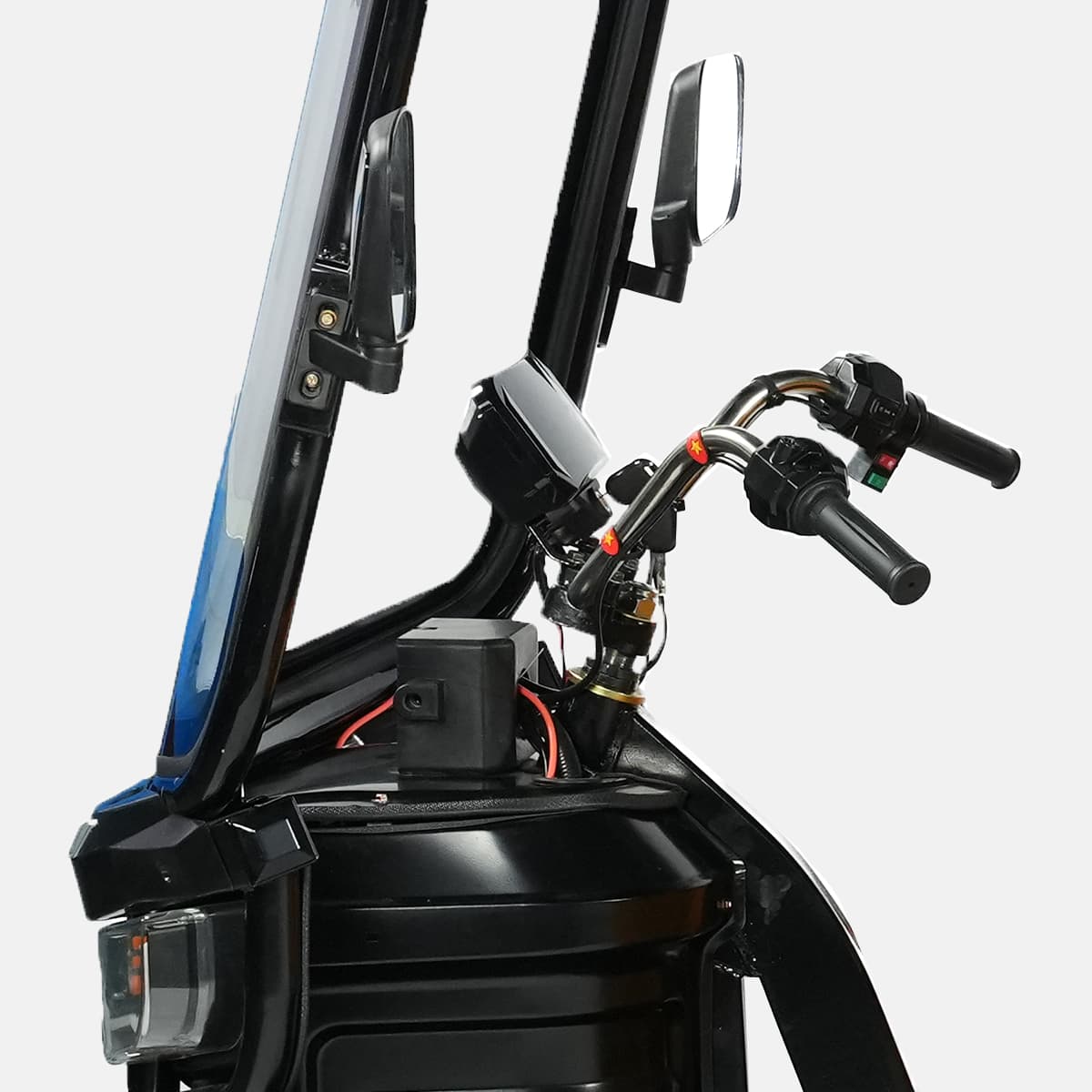Close-up of a motorcycle's handlebar and front section on a white background