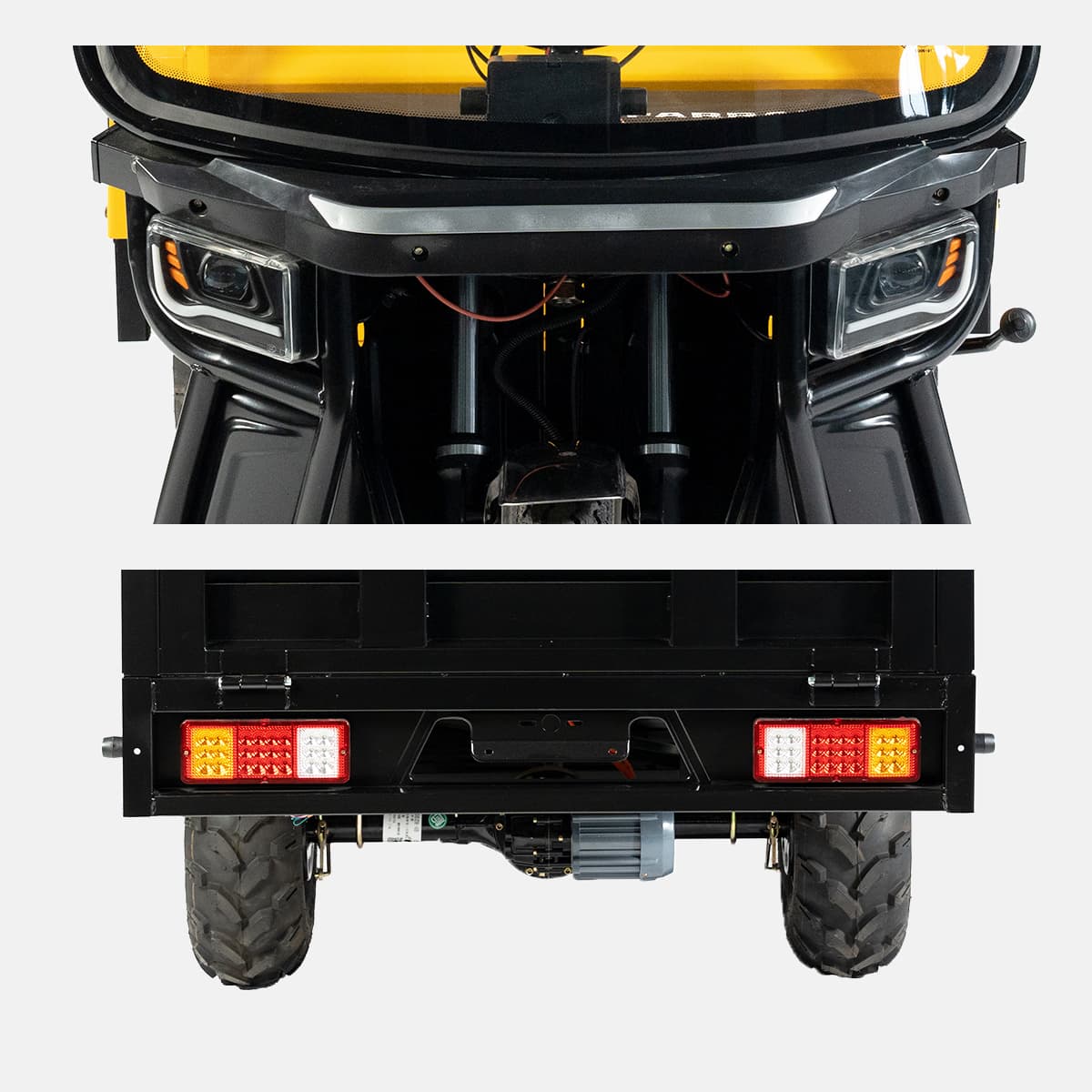 Close-up of a vehicle's front and rear design on a white background