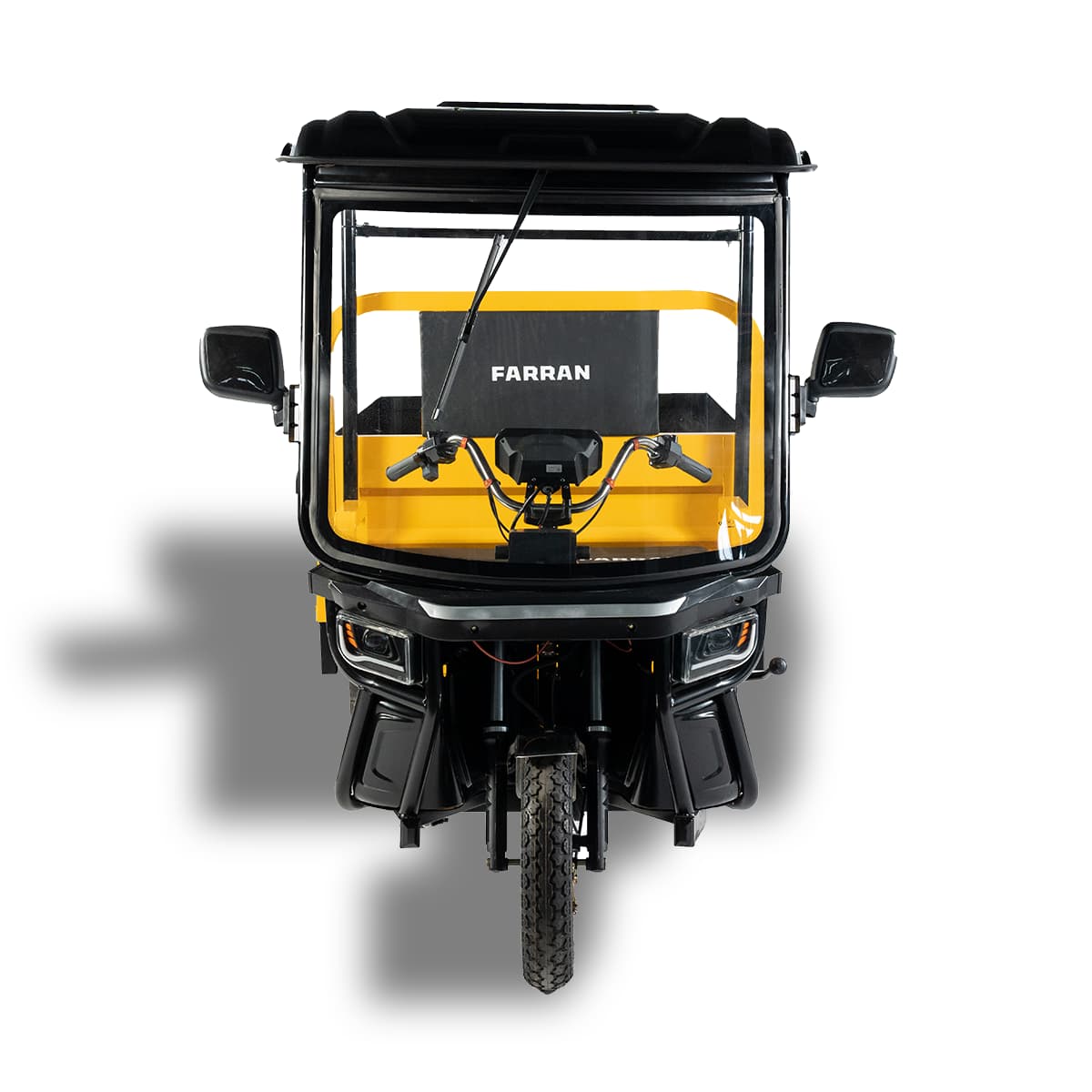 Yellow and black three-wheeled vehicle with 'Farran' branding on a white background
