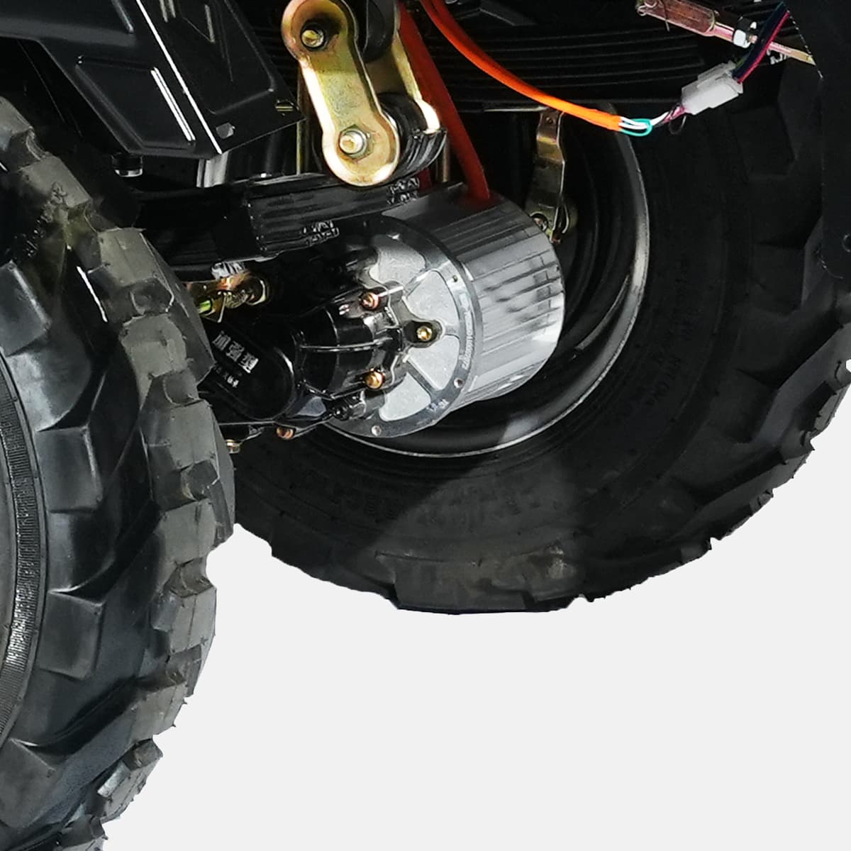 Close-up of a vehicle's wheel and suspension system on a white background