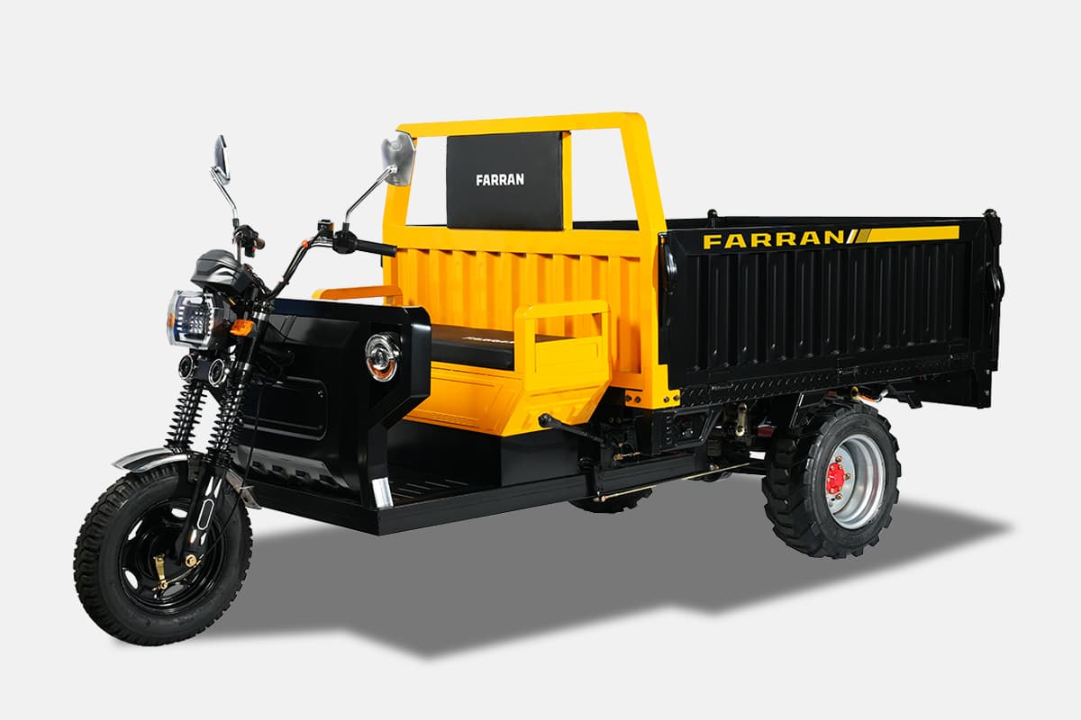 Yellow and black three-wheeled vehicle with 'Farran' branding on a white background