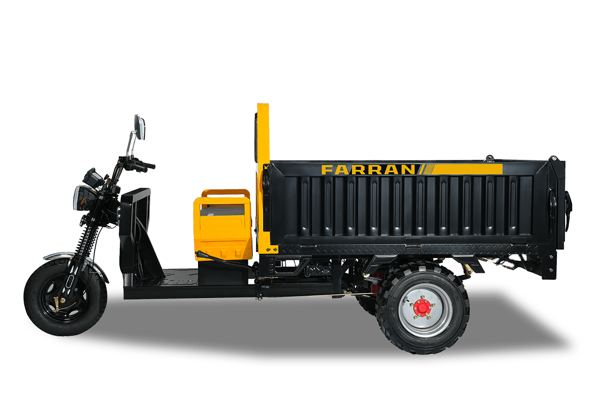 Three-wheeled vehicle with a cargo bed and 'Farran' branding on a black background