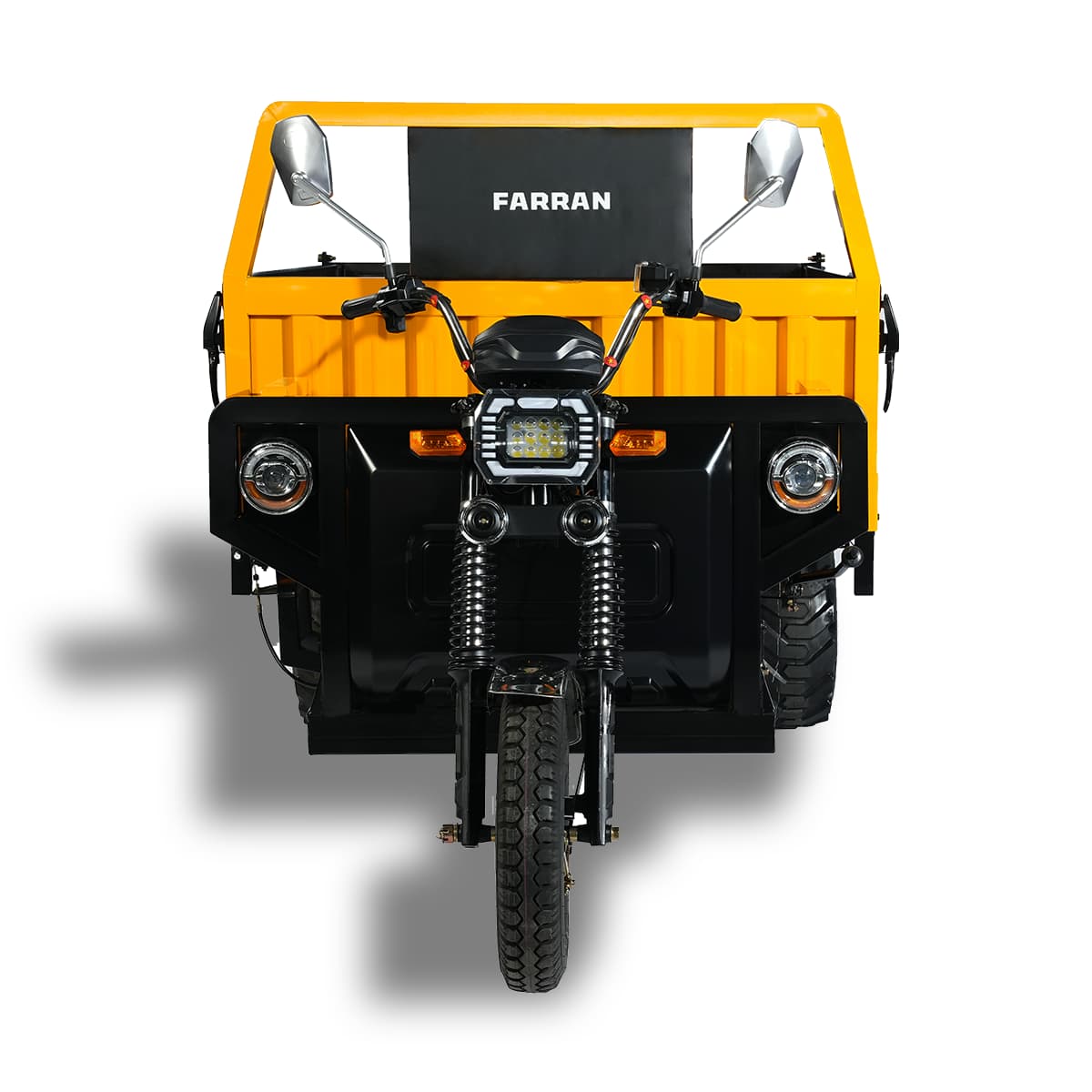 Yellow and black three-wheeled vehicle with 'Farran' branding on a white background