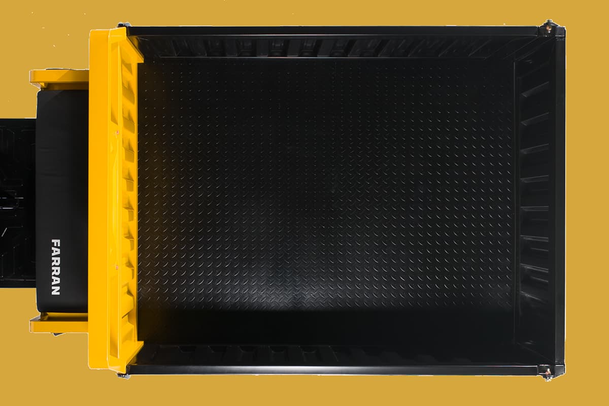 Black and yellow industrial step platform with 'Farran' branding on a yellow background