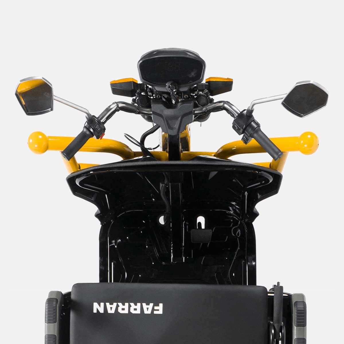 Close-up of a motorcycle with 'FARRA' branding on a white background