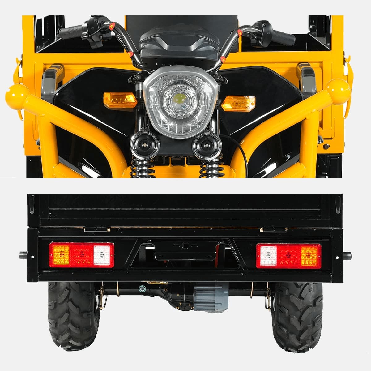 Close-up of a yellow and black off-road vehicle with front and rear views on a white background.