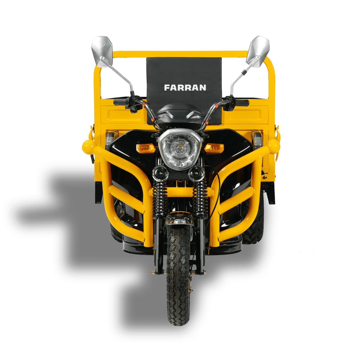 Yellow three-wheeled vehicle with 'Farran' branding on a white background