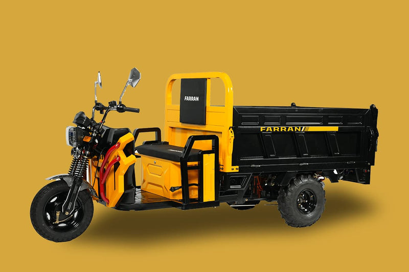 Yellow and black three-wheeled vehicle with cargo bed on a yellow background