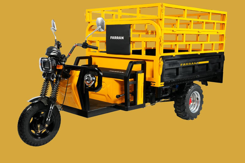 Yellow and black three-wheeled vehicle with a cargo cage on a yellow background