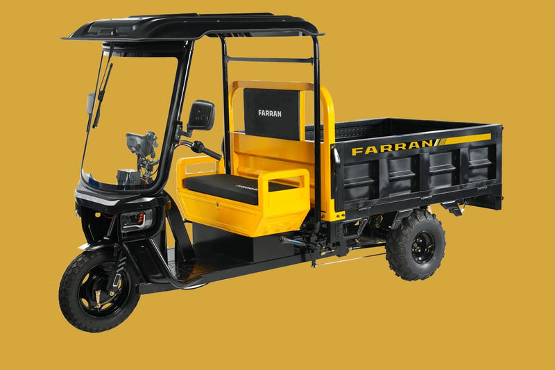 Yellow and black three-wheeled vehicle with 'Farran' branding on a yellow background