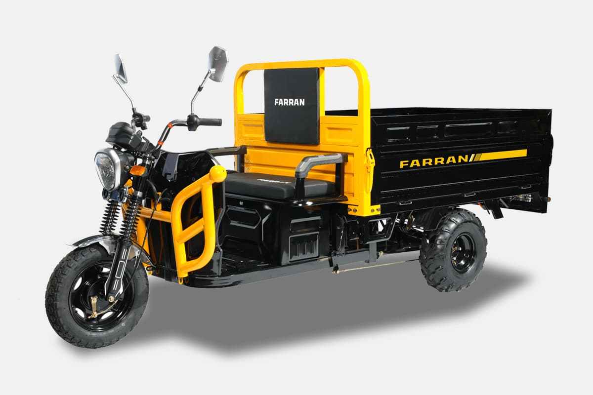 Yellow and black three-wheeled vehicle with 'Farrani' branding on a gray background