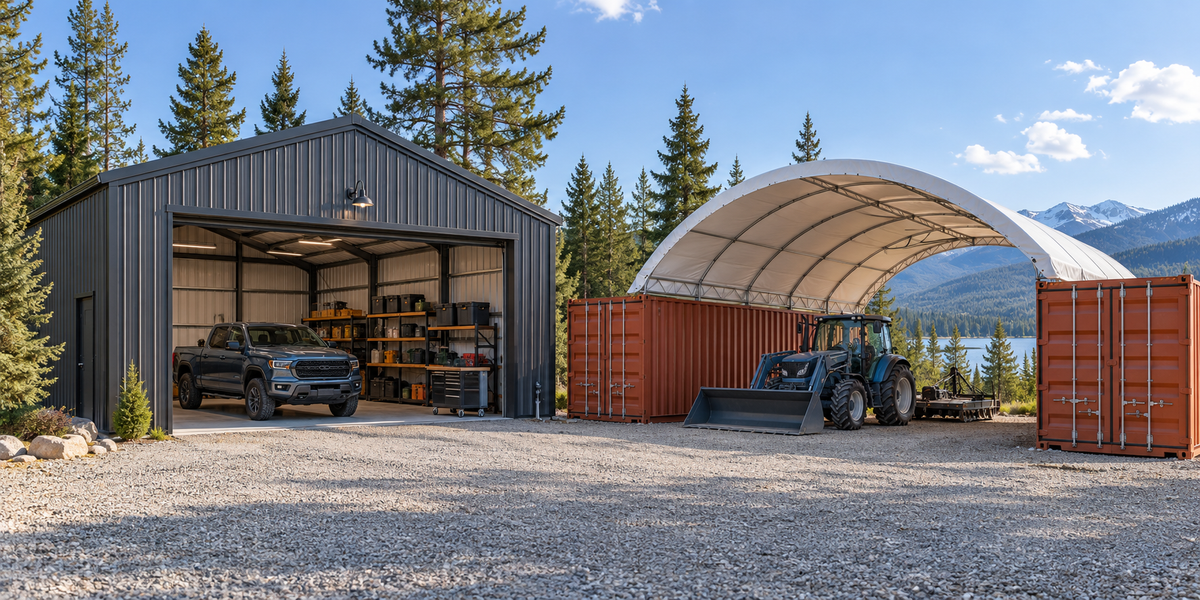 Metal garage and container shelter on a rural property