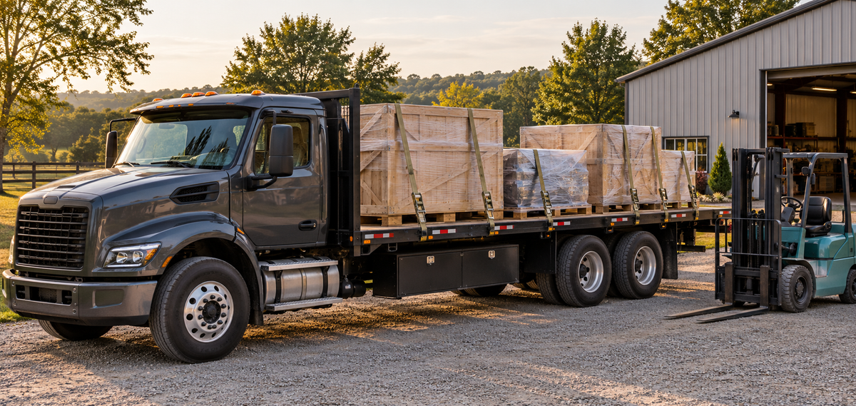Flatbed truck with crated equipment and a forklift at a farm building